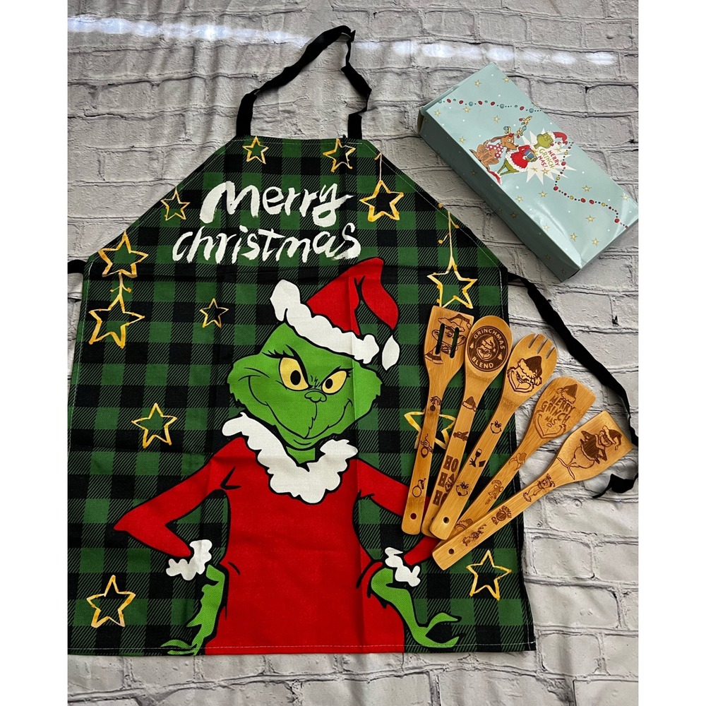 Dr Seuss The Grinch Christmas Apron and 5pc Bamboo Wood Utensil Set Gift Box New
